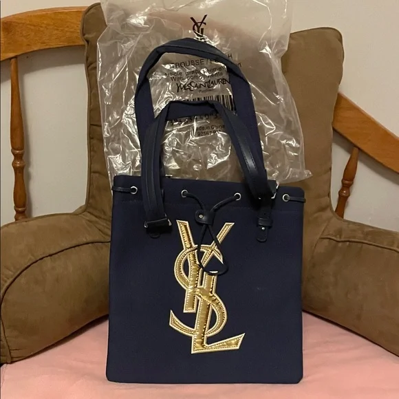 Yves Saint Laurent Dark Blue Tote with Gold Logo - Picture 1 of 17